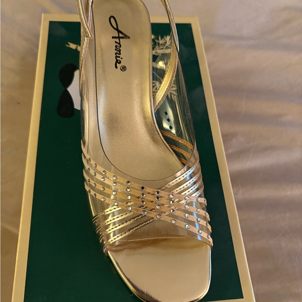 Annie Metallic Gold Rhinestone Strappy Slingback Heels